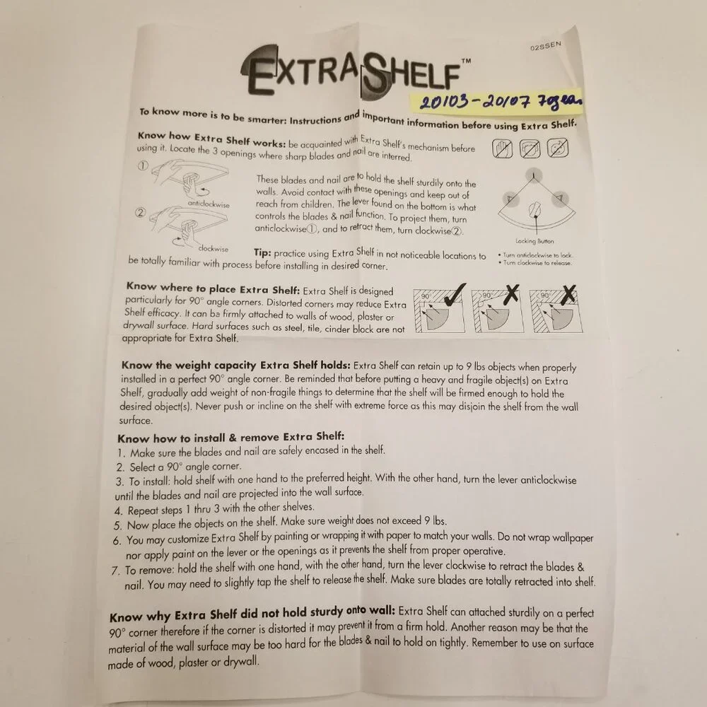 NEW Smart Mounting Extra Corner Shelf, No Tools Installation! Holds up to 9 lbs!